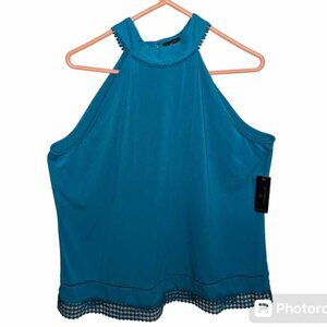 WORTHINGTON women's halter neck top dark teal eyelets embroidery size XL W-138